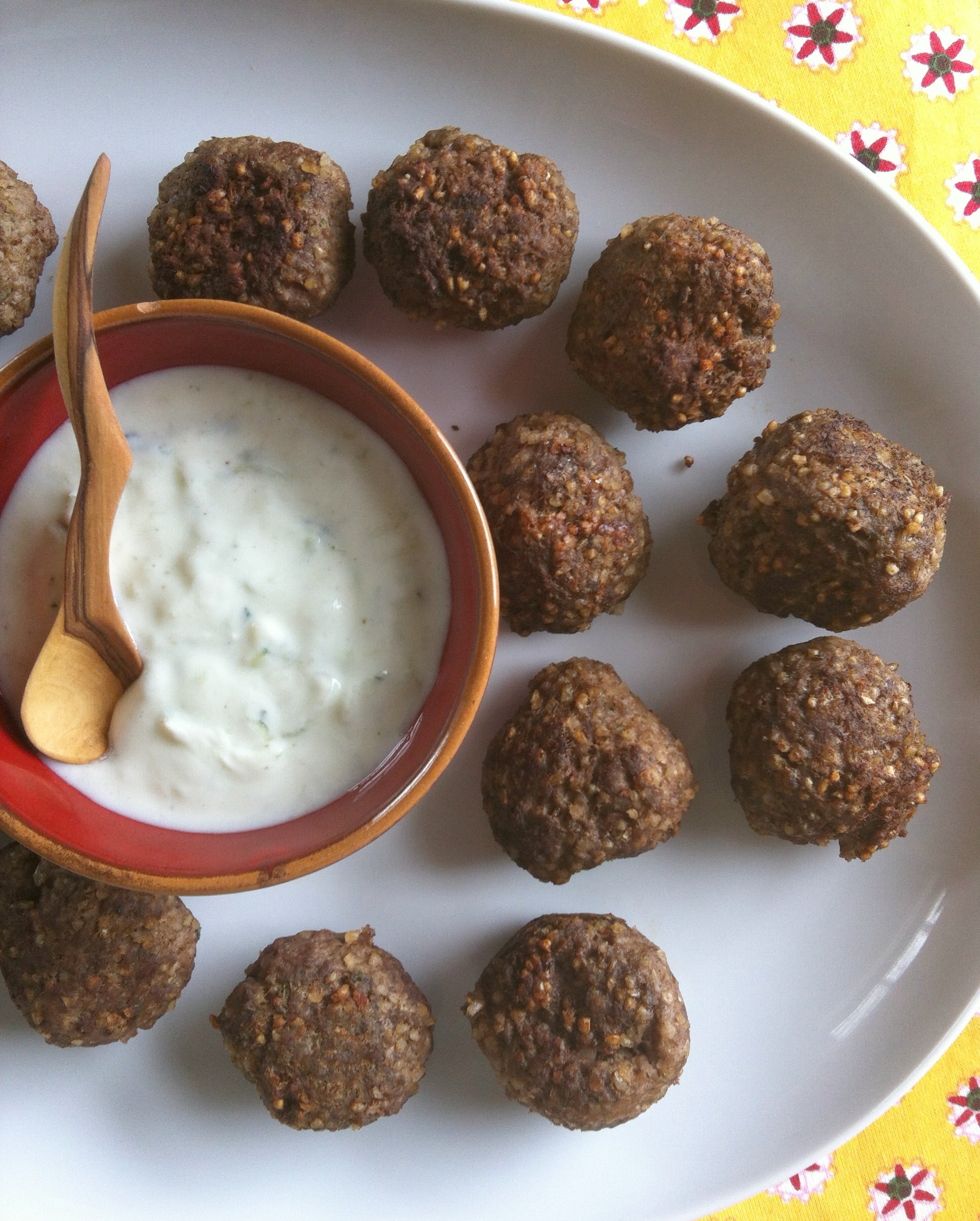 Kibbeh Meatballs with Spiced Yogurt Sauce