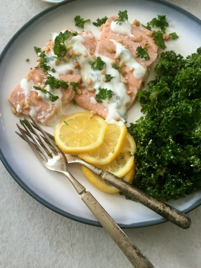 Lemon Baked Salmon with Toasted Pine Nuts and Mint Yogurt Sauce