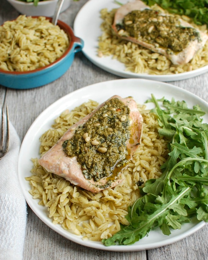 Pesto Salmon with Parmesan Pesto Orzo