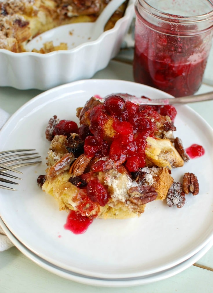 Overnight Eggnog French Toast Bake with Cranberry Maple Syrup
