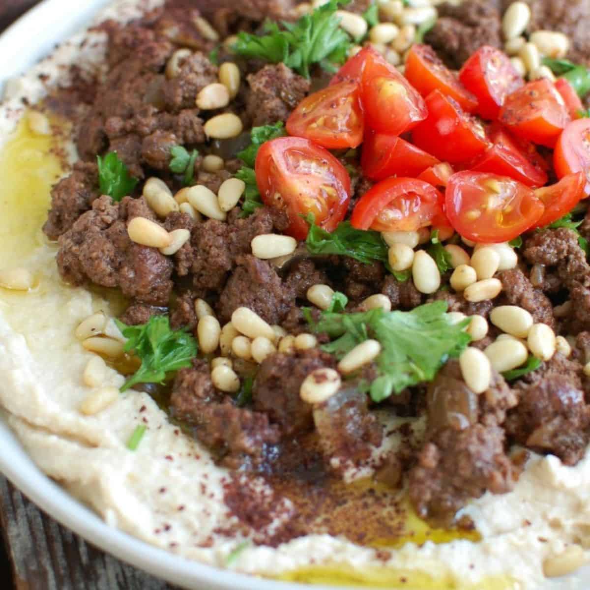 Hummus with Spiced Beef and Toasted Pine Nuts