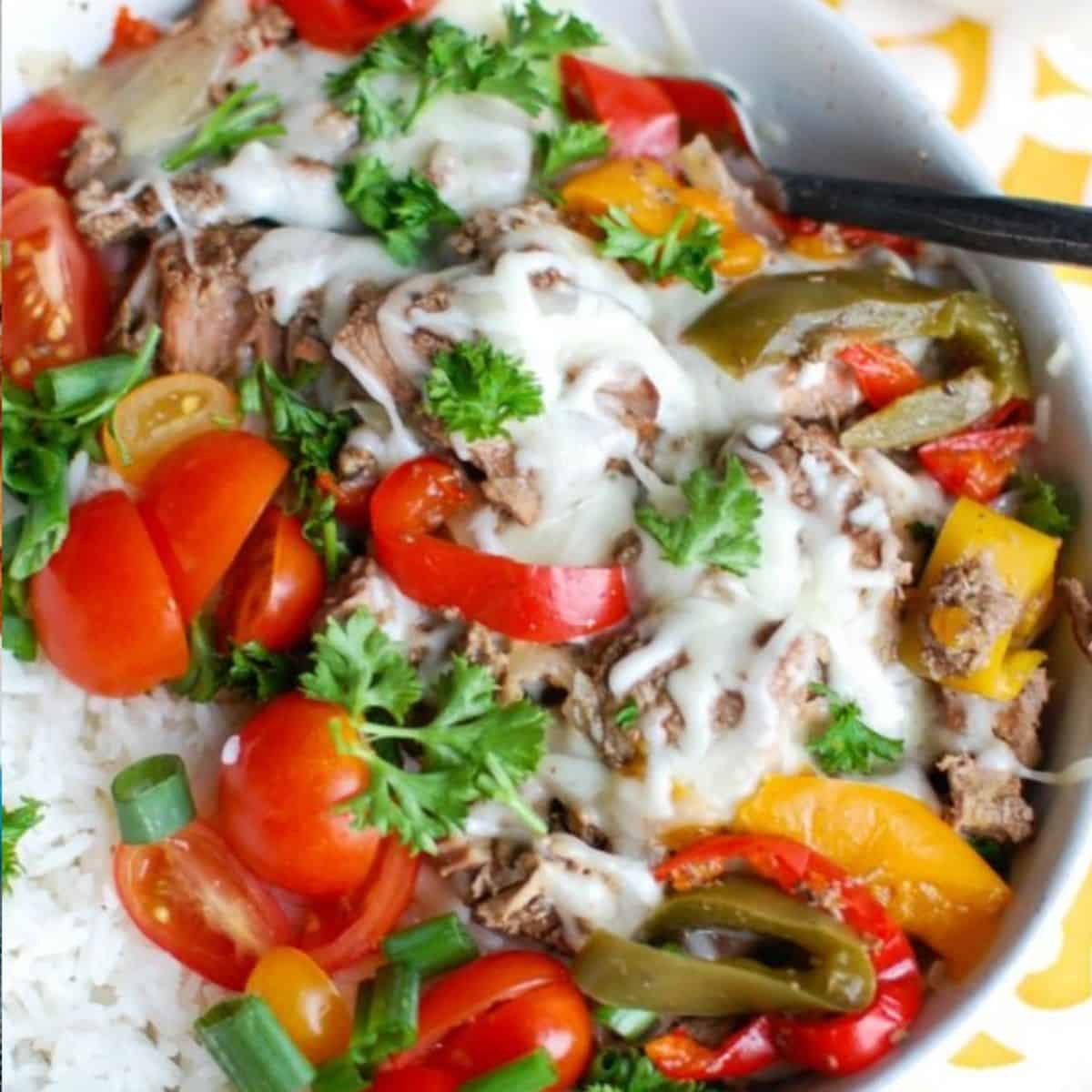 Slow Cooker Philly Cheesesteak Rice Bowls
