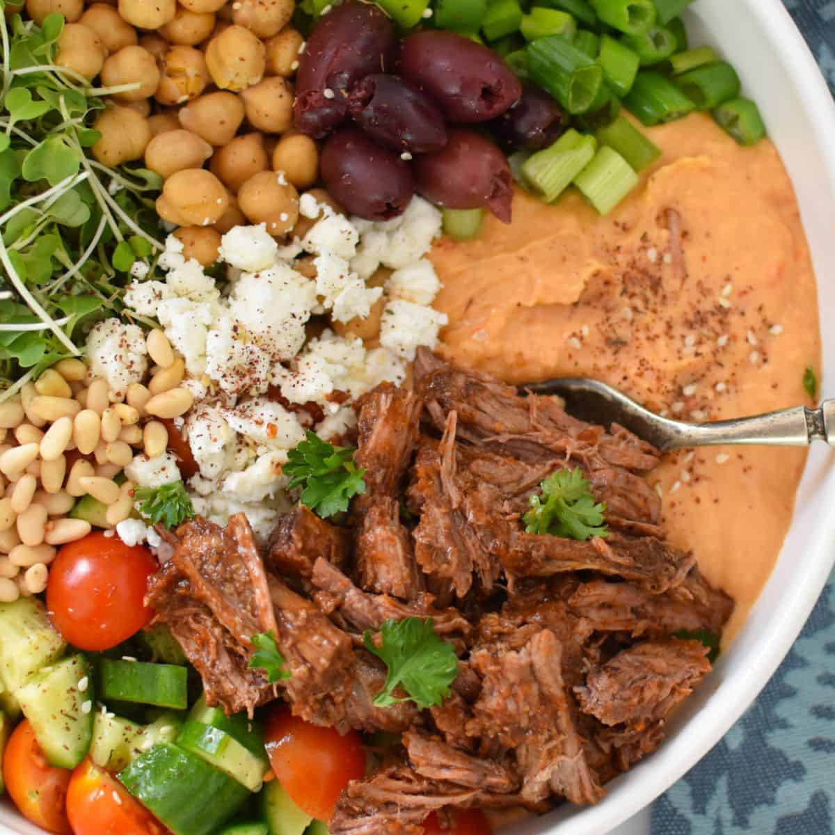 Slow Cooker Shredded Beef Hummus Bowls