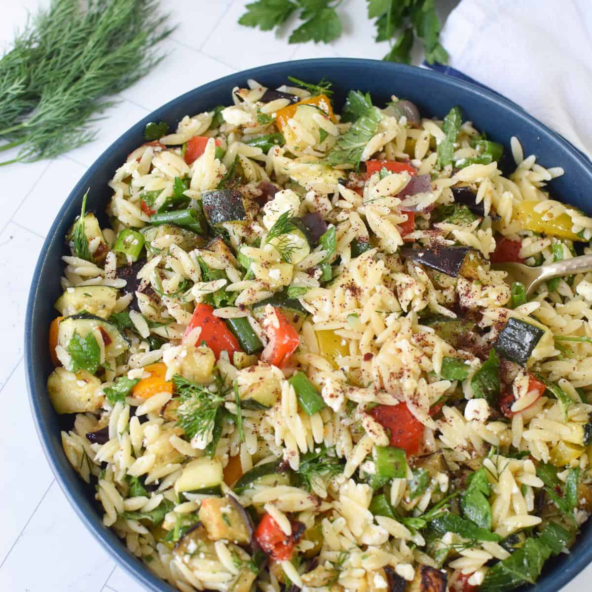 Roasted Vegetable Orzo Salad with Feta